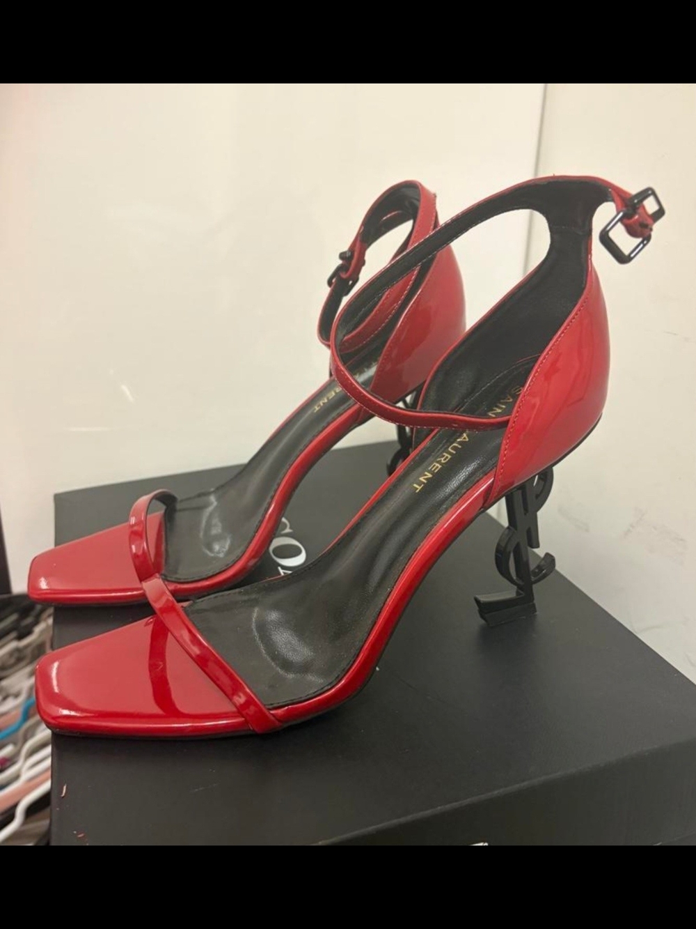 Saint Laurent Red Patent Leather Square-Toe Ankle-Strap Heels - Picture 2 of 4